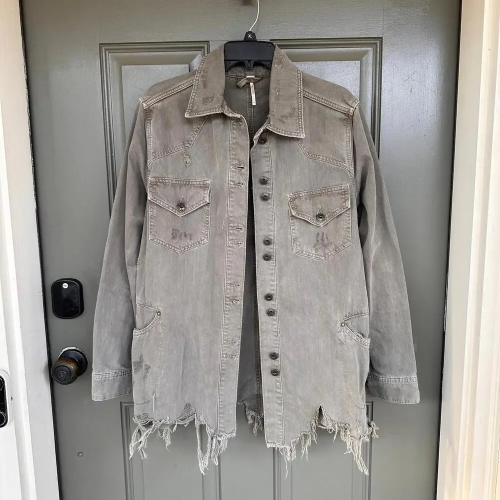 Free People Moonchild‎ Distressed Denim Shirt Jacket Medium